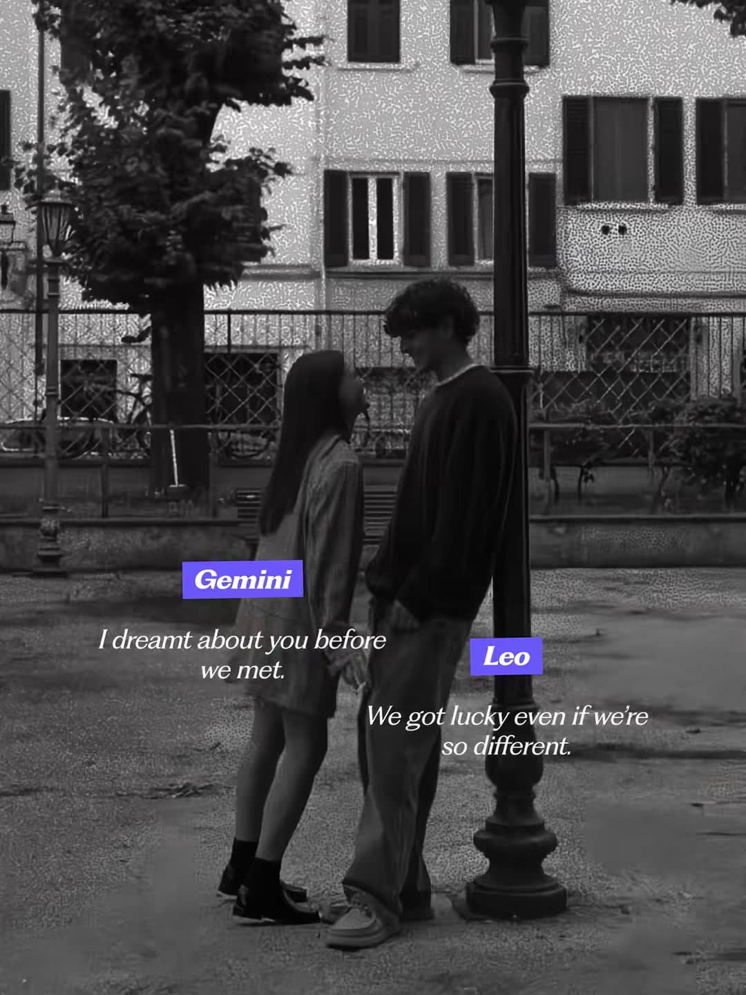 Gemini
I dreamt about you before we met. 
Leo
We got lucky even if we're so diff…