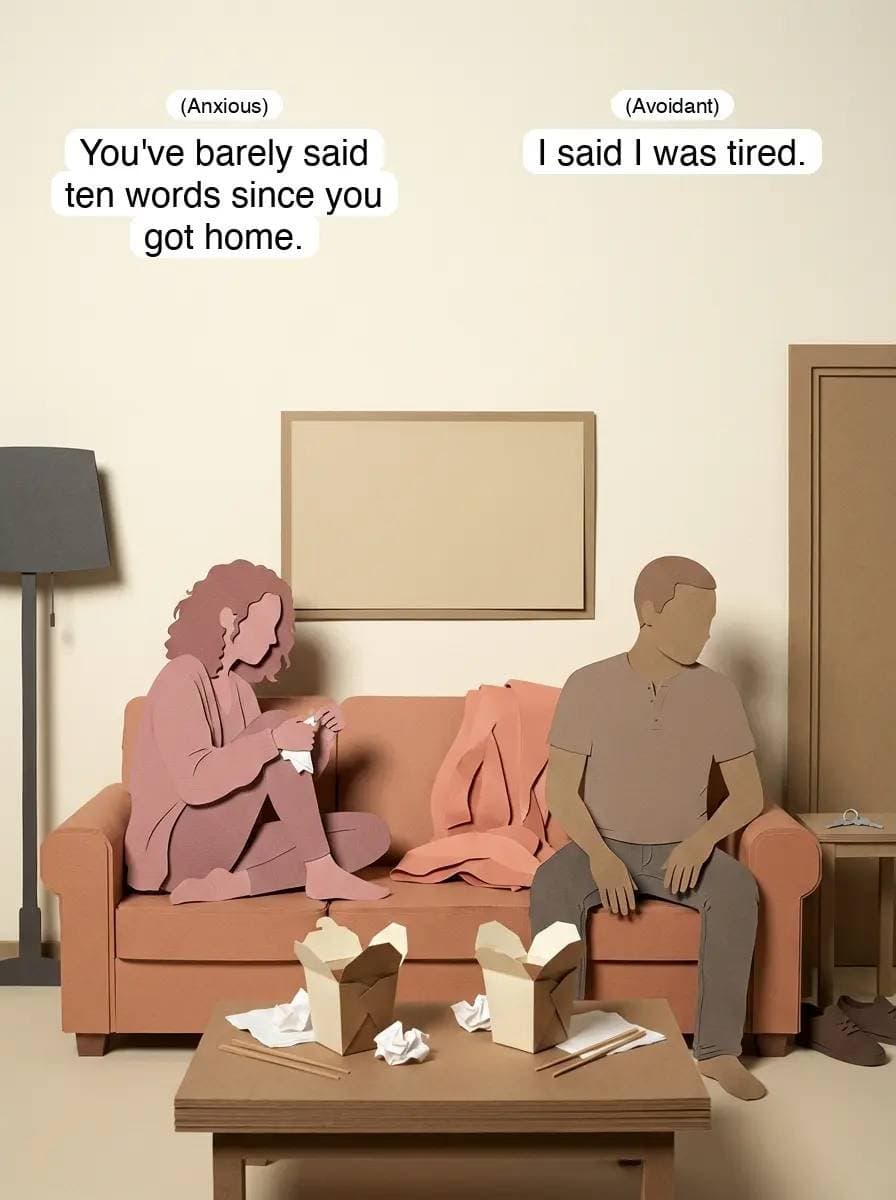 (Anxious)
You've barely said
ten words since you
got home.

(Avoidant)
I said I …