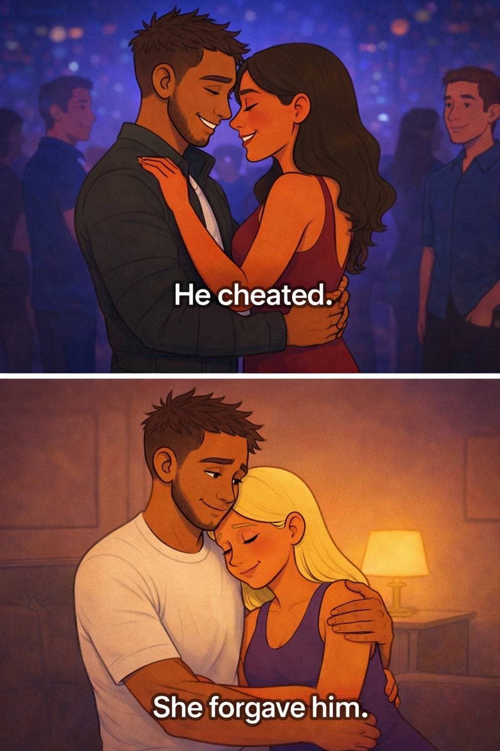 He cheated.

She forgave him.