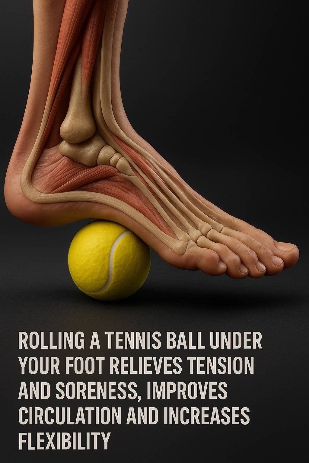 ROLLING A TENNIS BALL UNDER
YOUR FOOT RELIEVES TENSION
AND SORENESS, IMPROVES
CI…