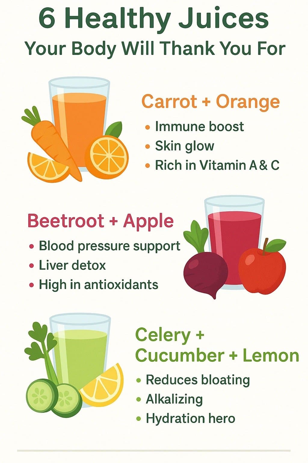 6 Healthy Juices
Your Body Will Thank You For

Carrot + Orange
• Immune boost
• …