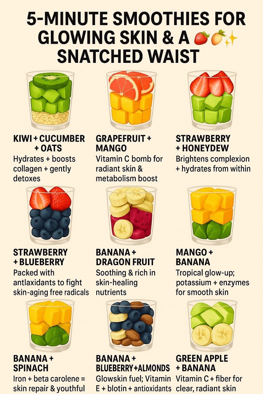 5-MINUTE SMOOTHIES FOR
GLOWING SKIN & A 🍓🥭✨
SNATCHED WAIST
KIWI + CUCUMBER
+ O…