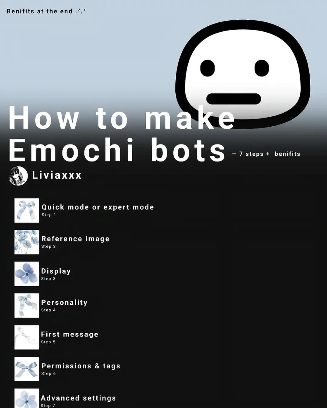 Banifits at the end
How to make
Emochi bots

7 steps + banifits
Liviaxxx
Quick m…