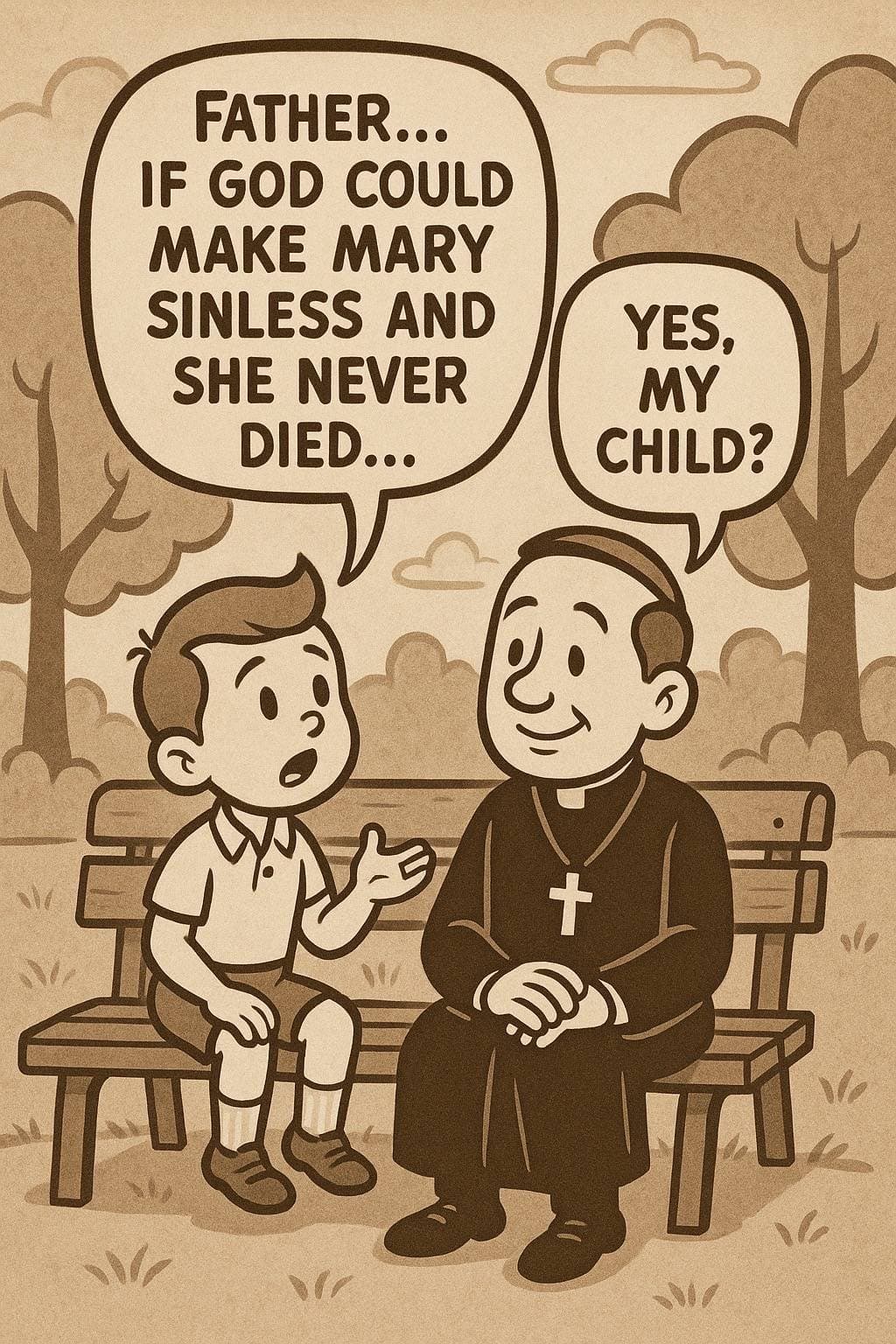 FATHER...
IF GOD COULD
MAKE MARY
SINLESS AND
SHE NEVER
DIED...
YES,
MY CHILD?