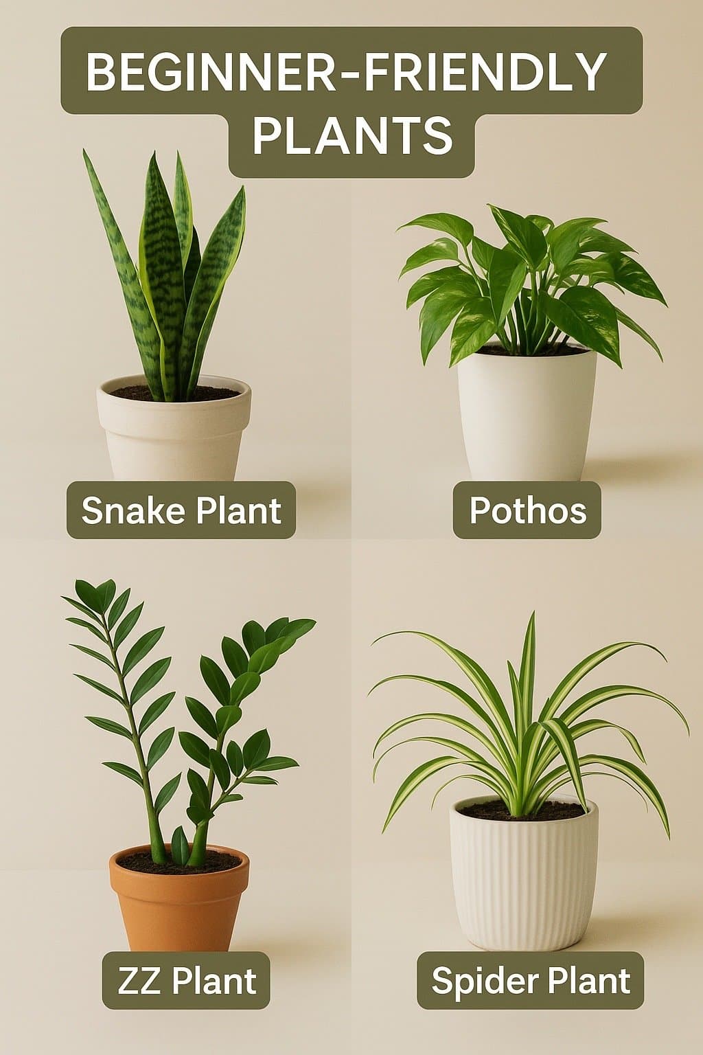 BEGINNER-FRIENDLY
PLANTS
Snake Plant
Pothos
ZZ Plant
Spider Plant