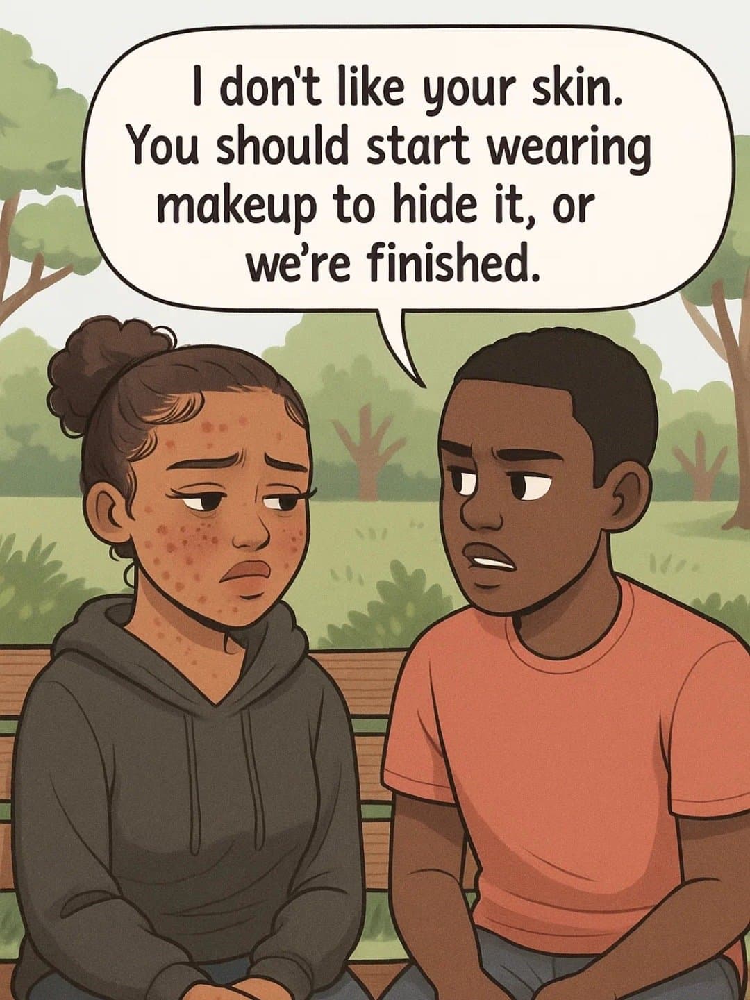 I don't like your skin.
You should start wearing
makeup to hide it, or
we're fin…
