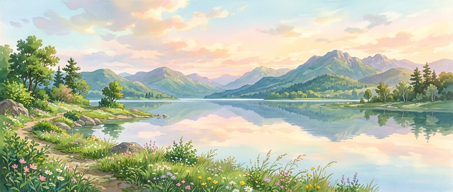 A calm Studio Ghibli style lake at dawn mirroring a soft pastel sky, with wildflower banks and gentle blue-green mountains