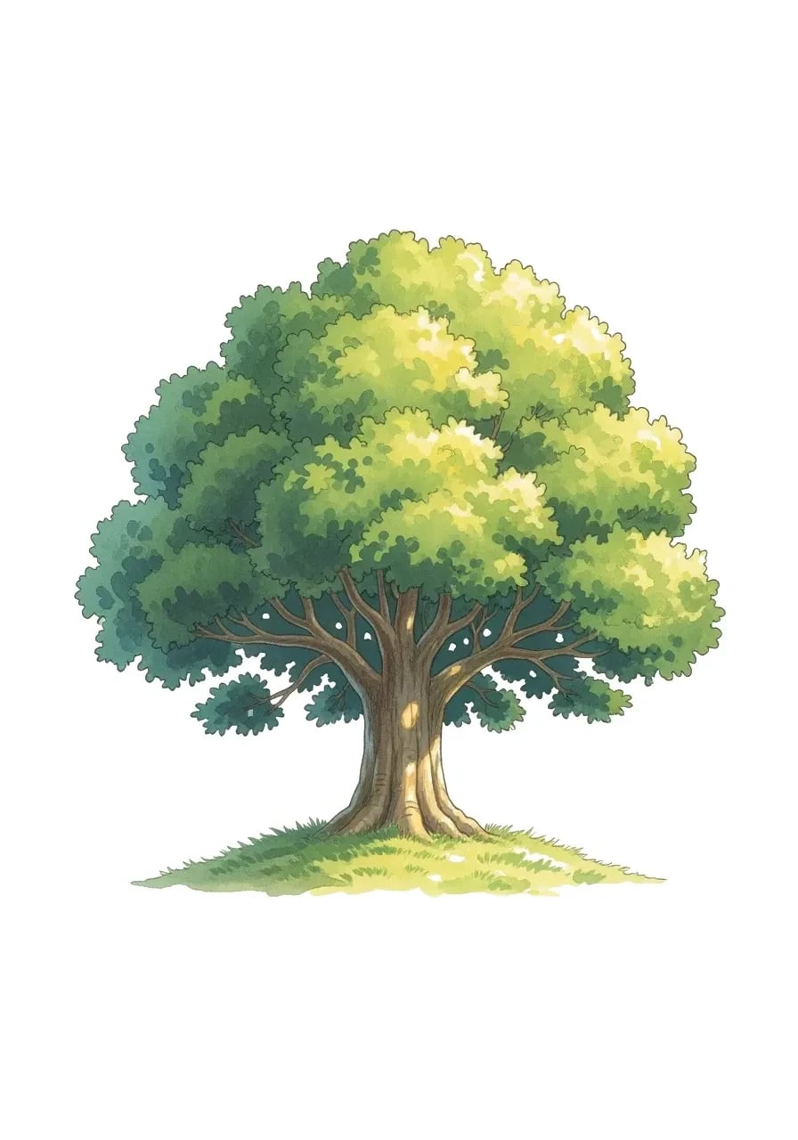 A lone tree in full leaf glowing in warm morning light, painted in a soft Studio Ghibli watercolor style