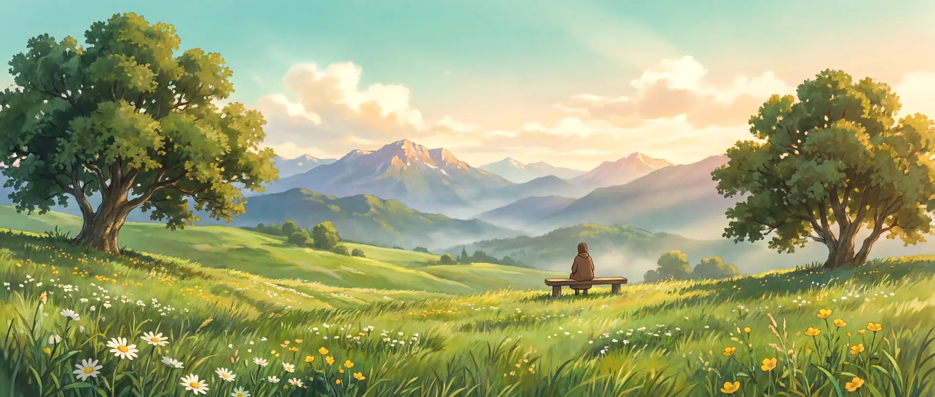 A lone figure on a wooden bench gazing across a sunlit wildflower meadow toward soft blue mountains under a wide calm sky