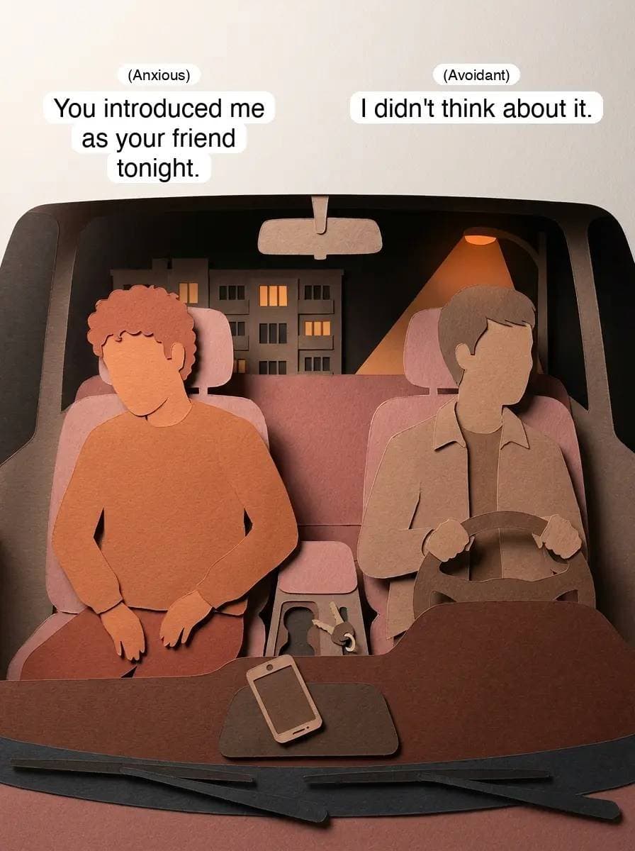 (Anxious)
You introduced me
as your friend
tonight.
(Avoidant)
I didn't think a…