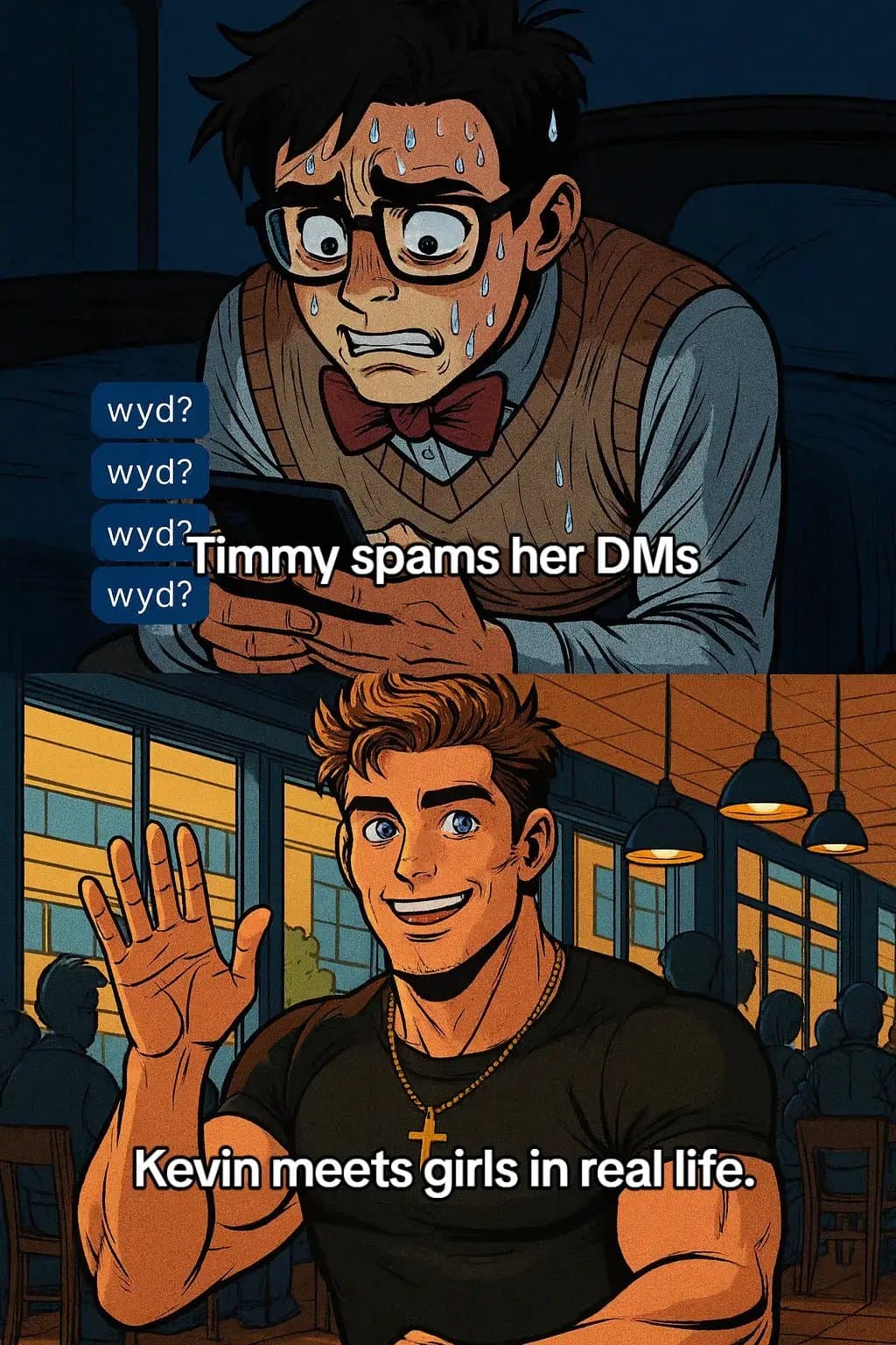 Timmy spams her DMs
Kevin meets girls in real life.