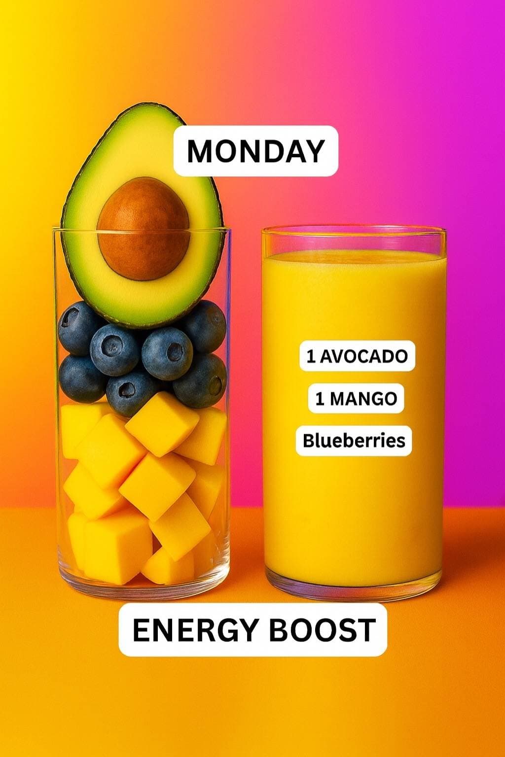 MONDAY
1 AVOCADO
1 MANGO
Blueberries
ENERGY BOOST