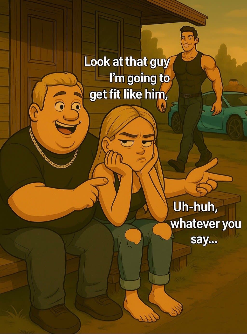 Look at that guy
I'm going to
get fit like him,
Uh-huh,
whatever you
say...